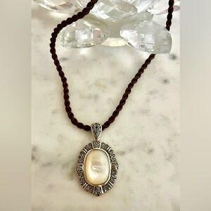 Vintage 925 Sterling Silver MOP Marcasite Statement Pendant 2in